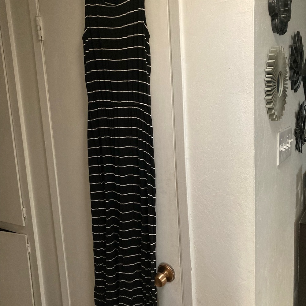 Black dress with white stripes